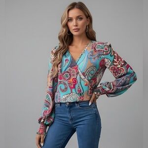 Paisley Print Flounce Sleeve Blouse